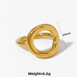 Detail view of 20mm hollow geometric gold ring with weight measurement 6.6g