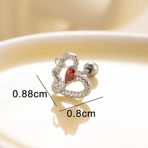Silver heart snake texture stud earring with red gemstone and screw back sizing 0.88cm