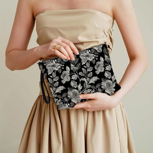 Trousse De Maquillage Imprimé Floral Lin Fermeture Éclair Pochette De Toilette Avec Dragonne Rangement Voyage Femmes