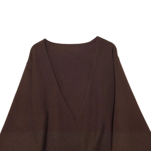 Women's dark brown V-neck knitted sweater with refined texture in a flat lay view