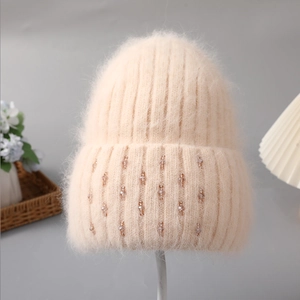 Chic warm rabbit fur knit beanie for women with elegant pearl and rhinestone accents
