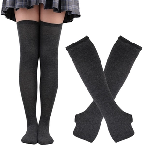 Detail of dark grey over-the-knee knit leg warmers with stirrup opening for cosplay