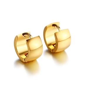 Polished gold huggie hoop earrings featuring a wide surface design on a white background