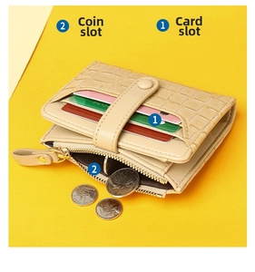 Detail of short leather wallet showing multi-card slots and zippered coin pocket