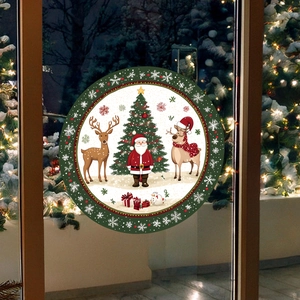Detaillierter Weihnachts-Fensteraufkleber mit Weihnachtsmann und Rentier auf Glas