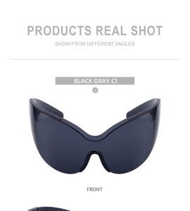 Front view of Black Gray C1 oversized Y2K fashion sports sunglasses with wrap lenses