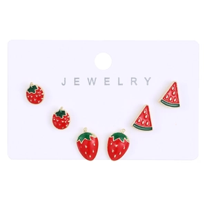 Cute fruit earring set featuring 3 pairs of strawberry and watermelon stud earrings