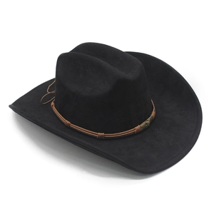 Detail of black faux suede cowboy hat featuring brown braided band and metal star studs