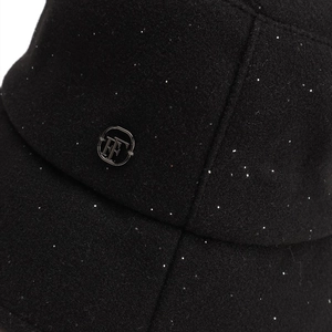 Chic black wool bucket hat for women with silver glitter finish and metal logo detail