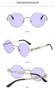 Multiple views of silver steampunk sunglasses with purple lenses and spiral metal temples