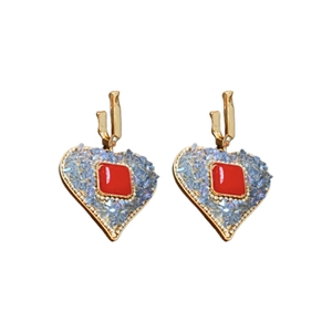 Retro heart earrings with red enamel squares and light blue crystals in gold setting