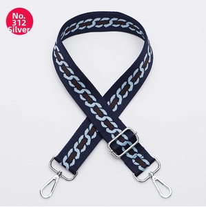 Detail of adjustable blue geometric pattern strap with silver metal swivel hooks
