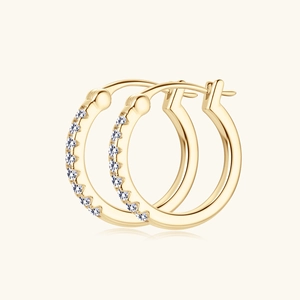 Elegant gold S925 sterling silver hoop earrings featuring a row of sparkling moissanite stones