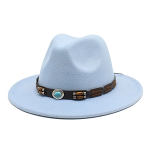 Detail of blue wool fedora hat with turquoise beads and braided leather band