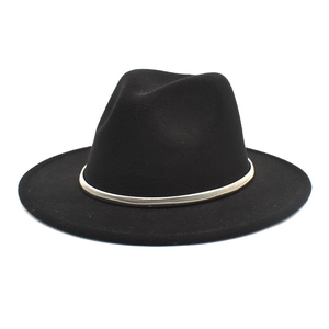 Detail of classic black wool fedora hat with a slim silver metallic decorative band