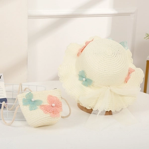 Straw sun hat and mini crossbody bag set with mesh bows and pearls for girls