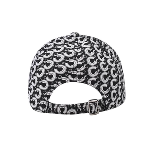 Rear view of baseball cap with jacquard letter patterns and silver metal buckle