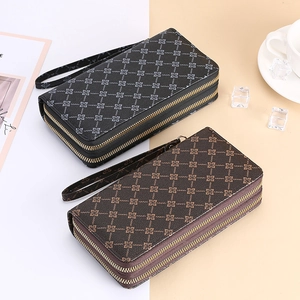 Dual zipper floral print long wallet clutch in grey and brown faux leather with wrist strap