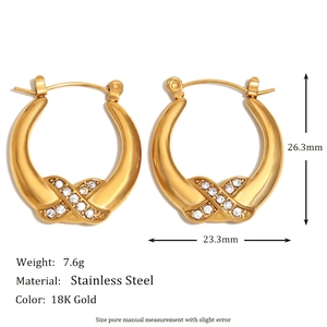 Detail view of 18K gold plated stainless steel hoop earrings with size measurements