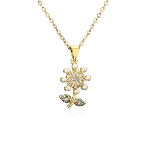 18K gold plated necklace featuring a sunflower pendant with pearls and zircons