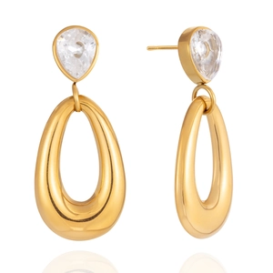Goldene Tropfenohrringe aus Edelstahl mit Birnen-Zirkonia und U-förmigem Hohl-Anhänger