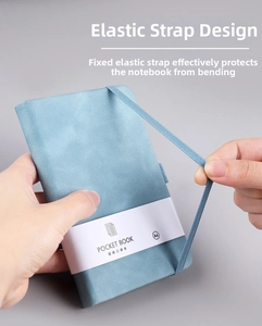 Close-up of A6 teal leather pocket book with a high-elastic strap for secure closure