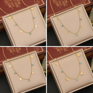 Stainless Steel Necklace With Turquoise Beads Butterfly Star Moon Tree Of Life Pendants Vintage Jewelry For Women