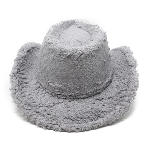 Close-up of the light gray fuzzy plush texture on a warm winter western cowboy hat