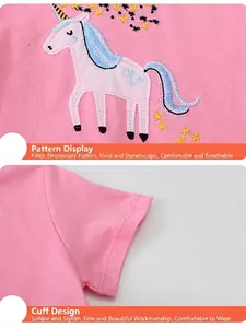 Pink cotton girls t-shirt featuring unicorn embroidery and detailed sleeve stitching
