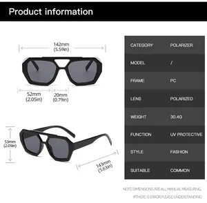 Detailed size chart and specifications for oversized irregular polarized sunglasses