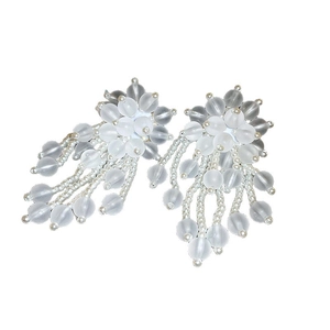 Elegant flower stud earrings with white frosted acrylic beaded tassels for women