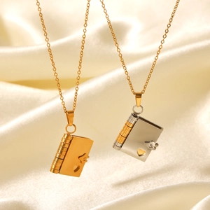 Locket necklace with heart book pendants in gold and silver finish on silk