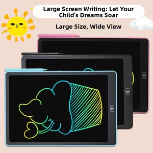 Detailed view of colorful LCD writing tablets for kids in pink, black, and blue colors