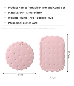 Pink cookie-shaped folding makeup mirror with comb details and size dimensions