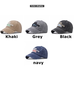 Color display of washed cotton baseball caps with distressed details and island embroidery