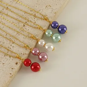 Women Pendant Necklace 18K Gold Plated Stainless Steel With Double Faux Artificial Pearl Gourd Shape Elegant Fashion Jewelry