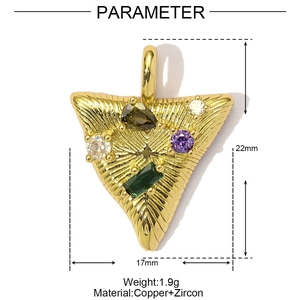 Macro detail of triangle pendant showing dimensions 22mm x 17mm with colorful zircons