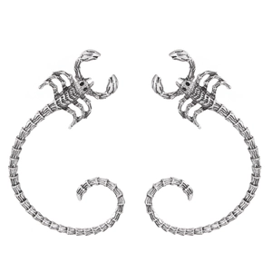Gothic punk scorpion ear cuffs in vintage silver finish with realistic metal textures