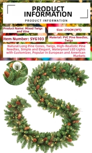 Detail of 9FT Christmas garland with pine cones and LED lights on a white background