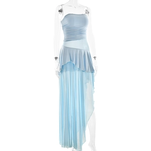 Detail of light blue strapless dress featuring ruffled layers and asymmetrical hemline