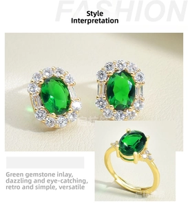 Close-up of emerald green oval gemstones surrounded by white zircons on 18K gold plating