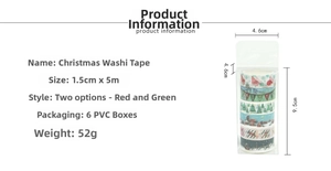 Detail of 6-pack Christmas washi tape set with 1.5cm by 5m rolls in PVC box