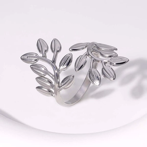 Exaggerated silver leaf titanium steel open ring with adjustable olive branch design