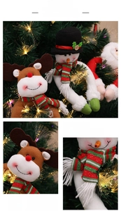 Close-up of reindeer and snowman plush dolls with knitted scarves for Christmas decor