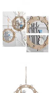 Detail of wooden 3D Christmas ornament showing Santa and Snowman in a star frame