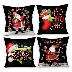 Set of 4 Christmas pillow covers with Santa and stocking prints on white background