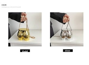 Detailed comparison of artistic gold and silver hip-shaped mini bags with chain straps