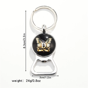 Detailed view of butterfly and crown keychain bottle opener with 8.3cm length specs