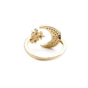 Minimalist gold star and moon open ring with sparkling cubic zirconia on white background