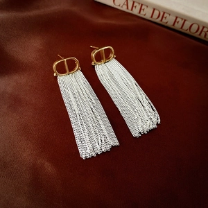 Detail of long fringe earrings with CD logo and silver metal tassels on silk background
